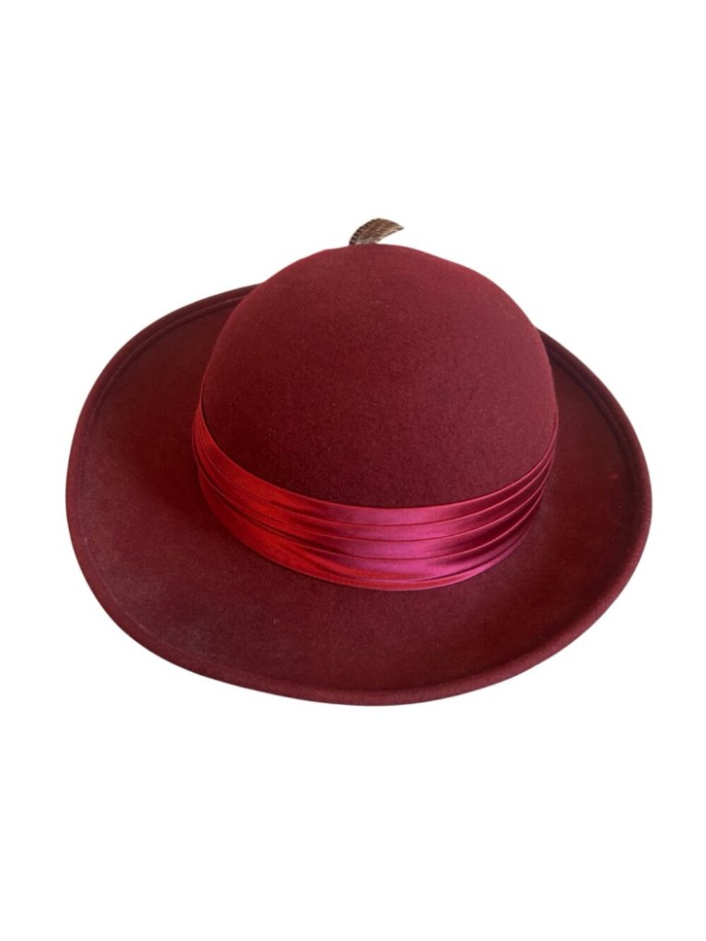 Vintage Geo W Bollman Burgundy Wool Hat With Satin Ribbon & Feather Accent - Picture 10 of 16